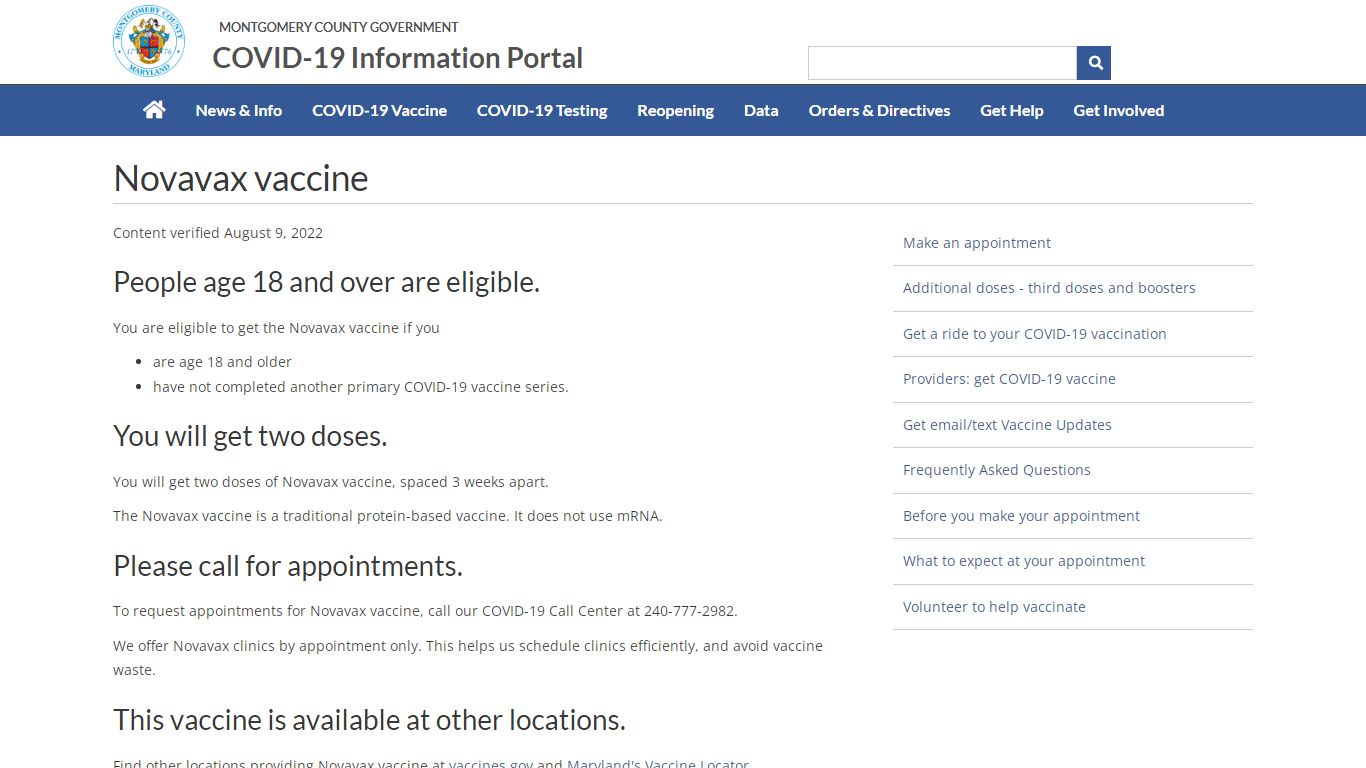 Novavax vaccine - Montgomery County, MD